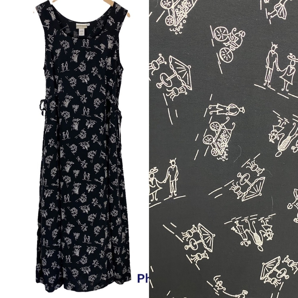 COLDWATER CREEK Novelty People Print Sleeveless Black Maxi Dress Medium Rayon